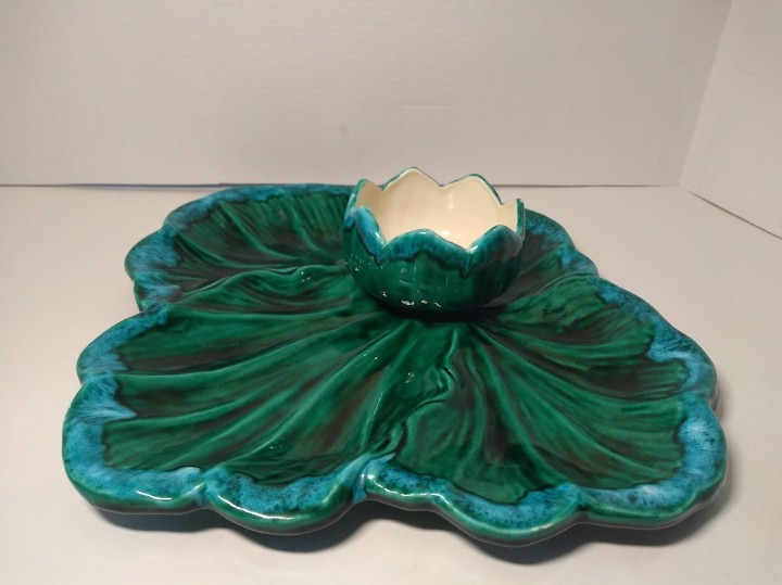 Vintage Leaf -Vegetable Fruit Chip and Dip Platter & Bowl 1960 Pottery Handmade