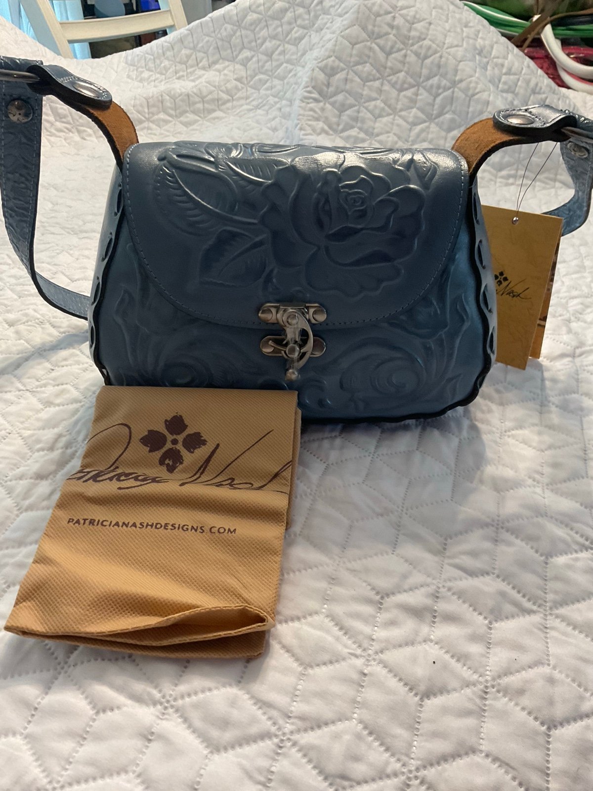 New Patricia Nash Micaela Leather Tooled Shoulder Bag in Safflower Blue.