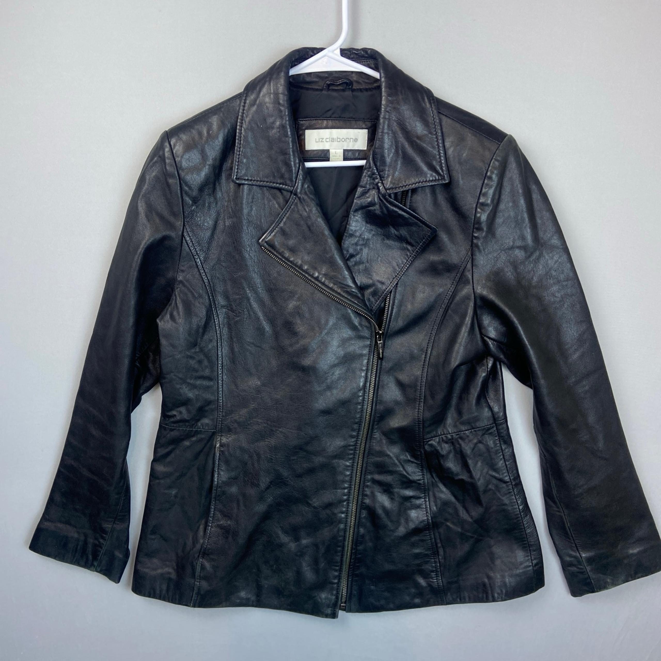 Liz Claiborne Slim Leather Jacket Women Large Black Wide Collar Asymmetrical Zip