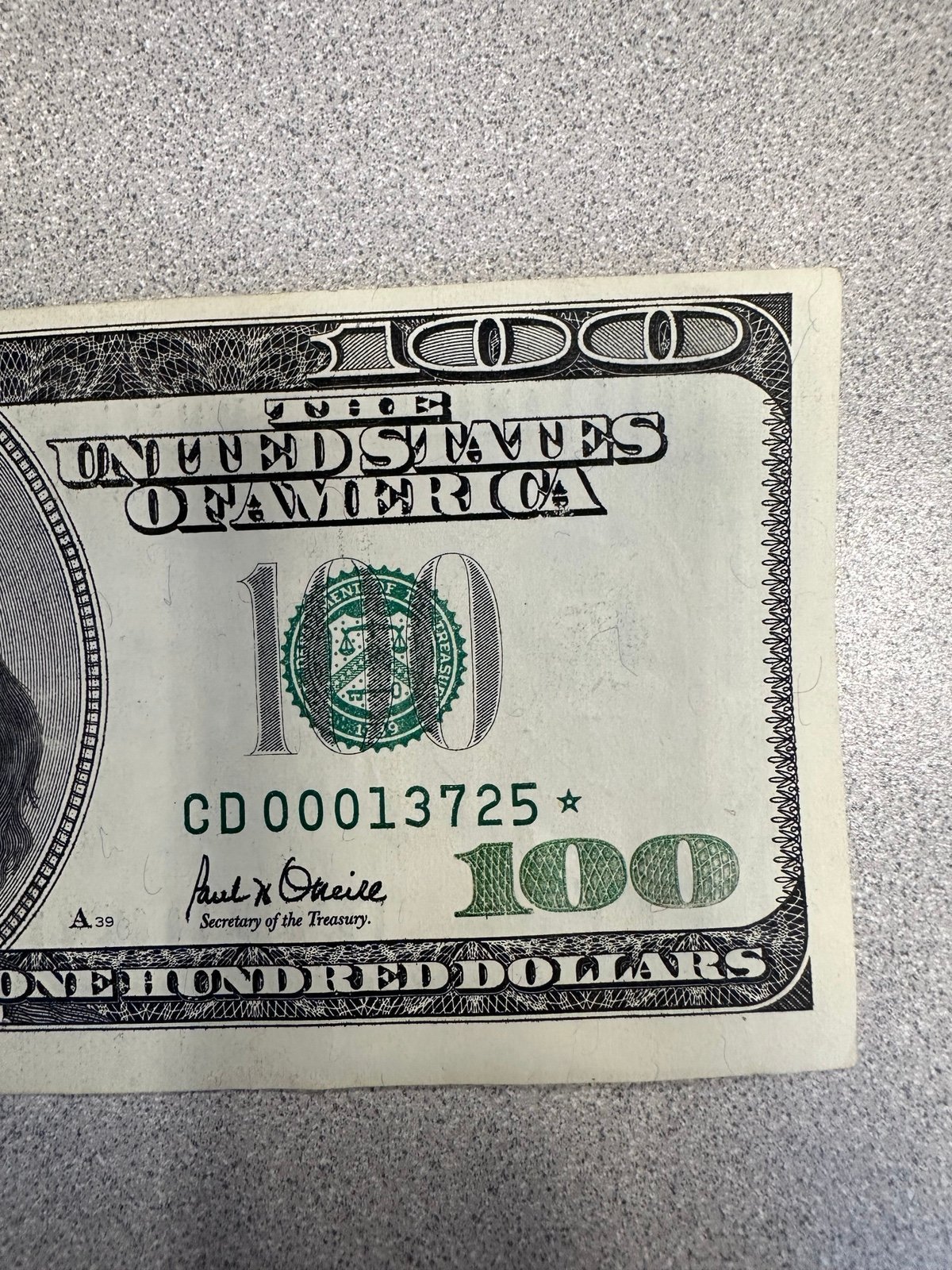 Super Rare Vintage 2001 Miscut, Star, Low Serial #CD00013725* 100 Note