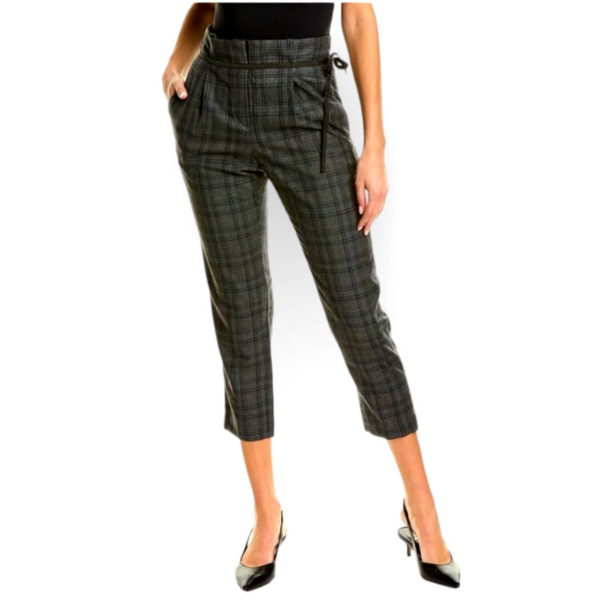 Brunello Cucinelli Blue Plaid Linen Paperbag Ankle Pants 4 Monili Dressy Elegant