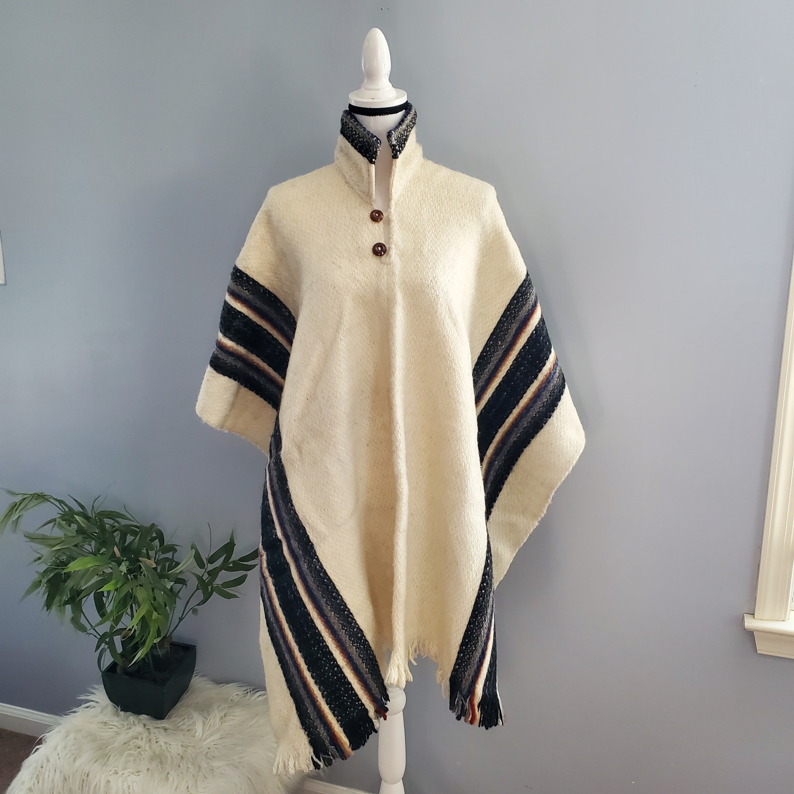 100% Alpaca Wool Cream Gray Collared Three Striped Poncho Unisex