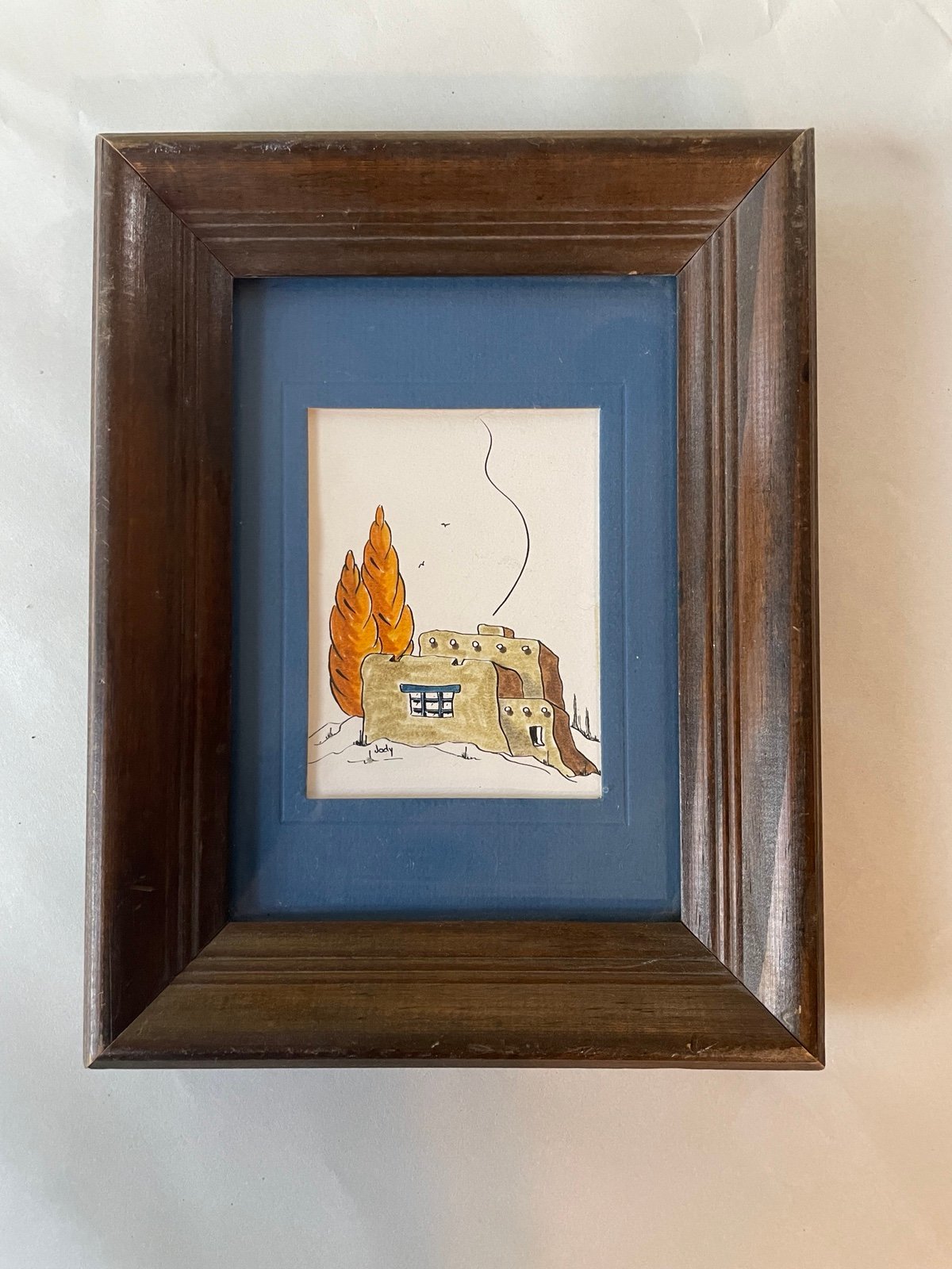 Original Artwork Signed Jody Pueblo Style Southwestern Matted Wood Frame Vintage