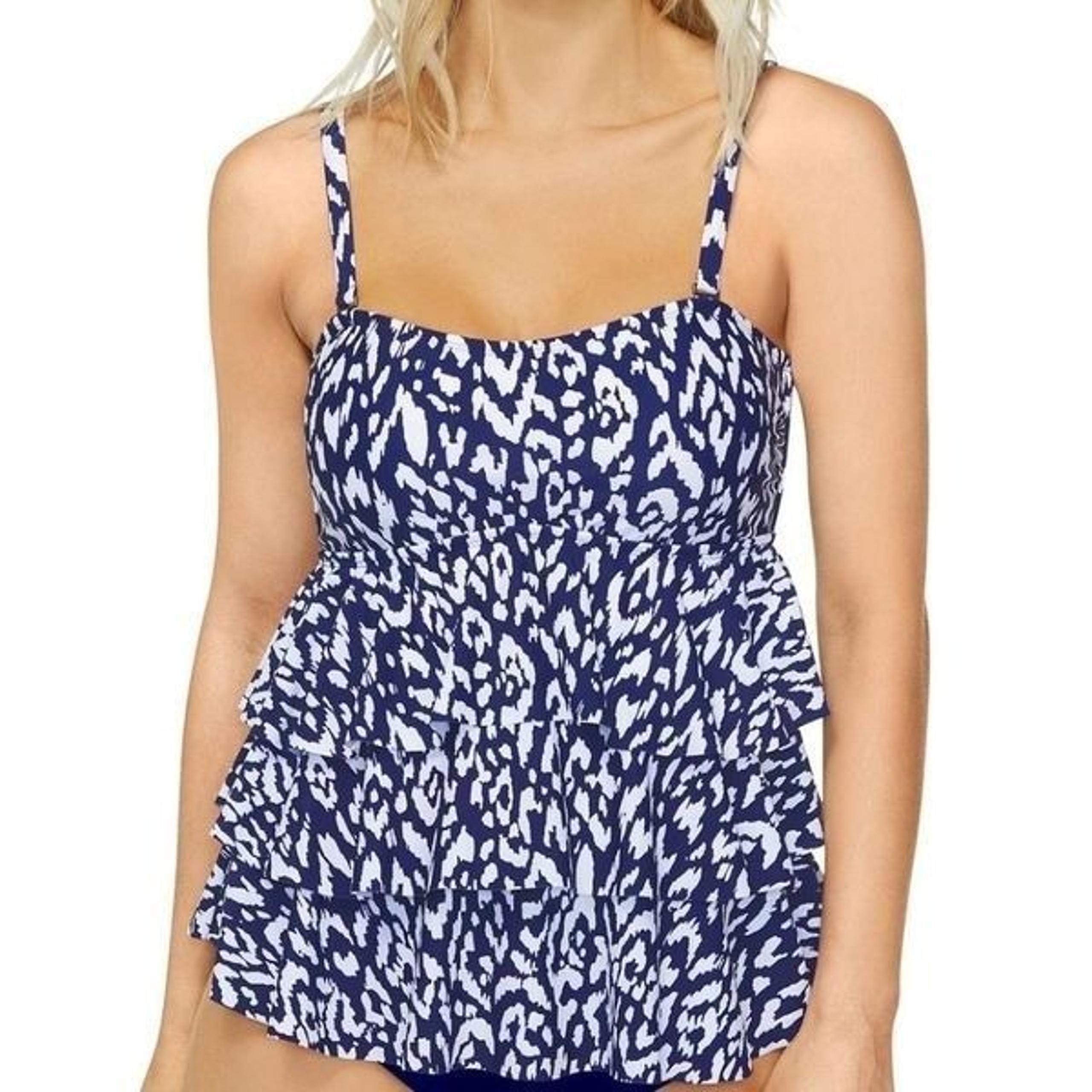 Island Escape Tiered Tankini Waist Minimizer Swim Top Navy Ruffled Womens Size 6
