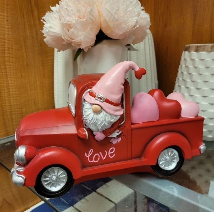 Valentine's Day Gnome in a Truck full of Hearts