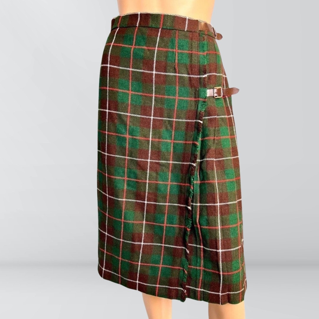 Vintage Green Plaid Tartan Wool Midi Kilt Skirt
