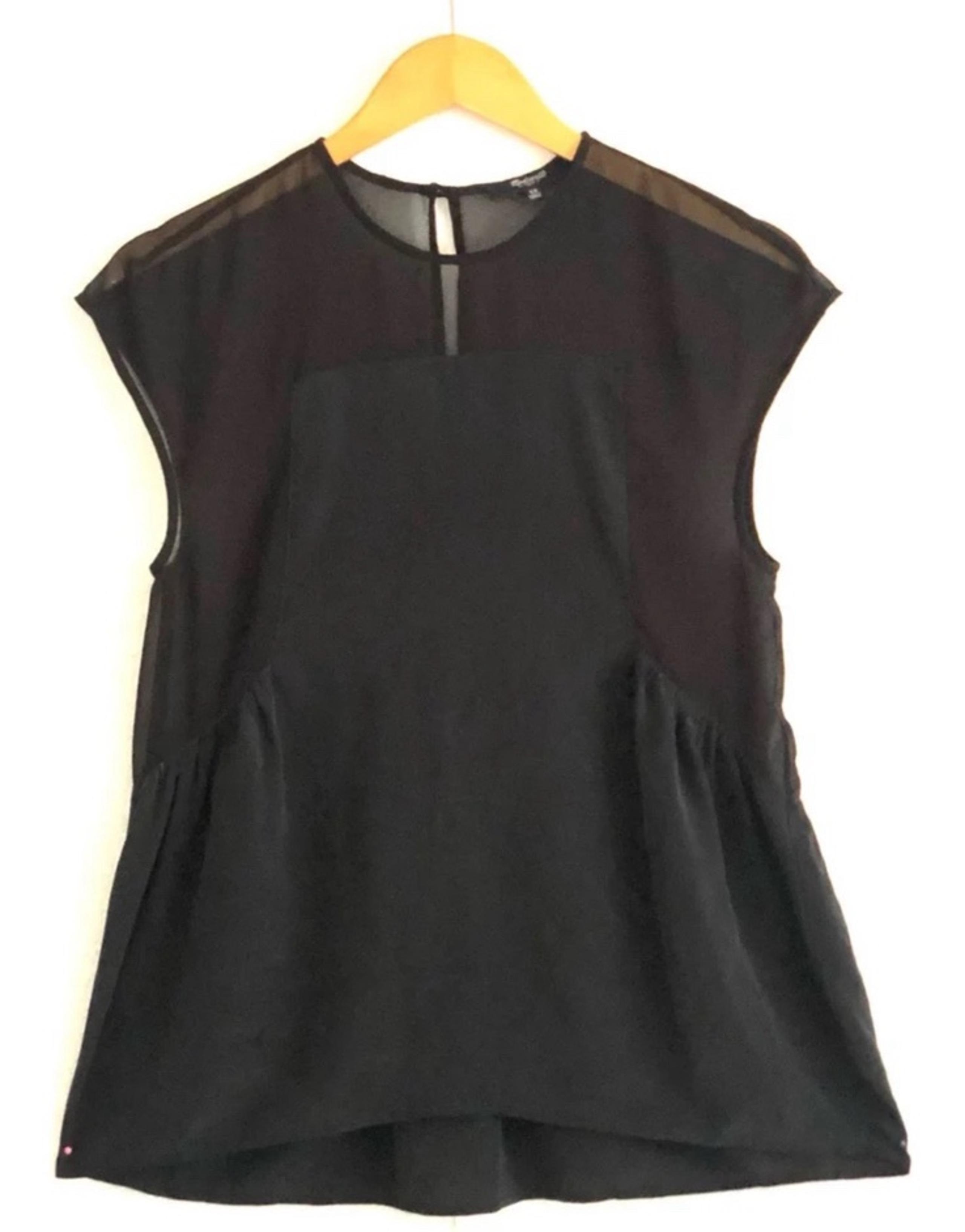 Madewell 100% Silk Black Sheer Top Cap Sleeve Apron Front Boho Womens XS