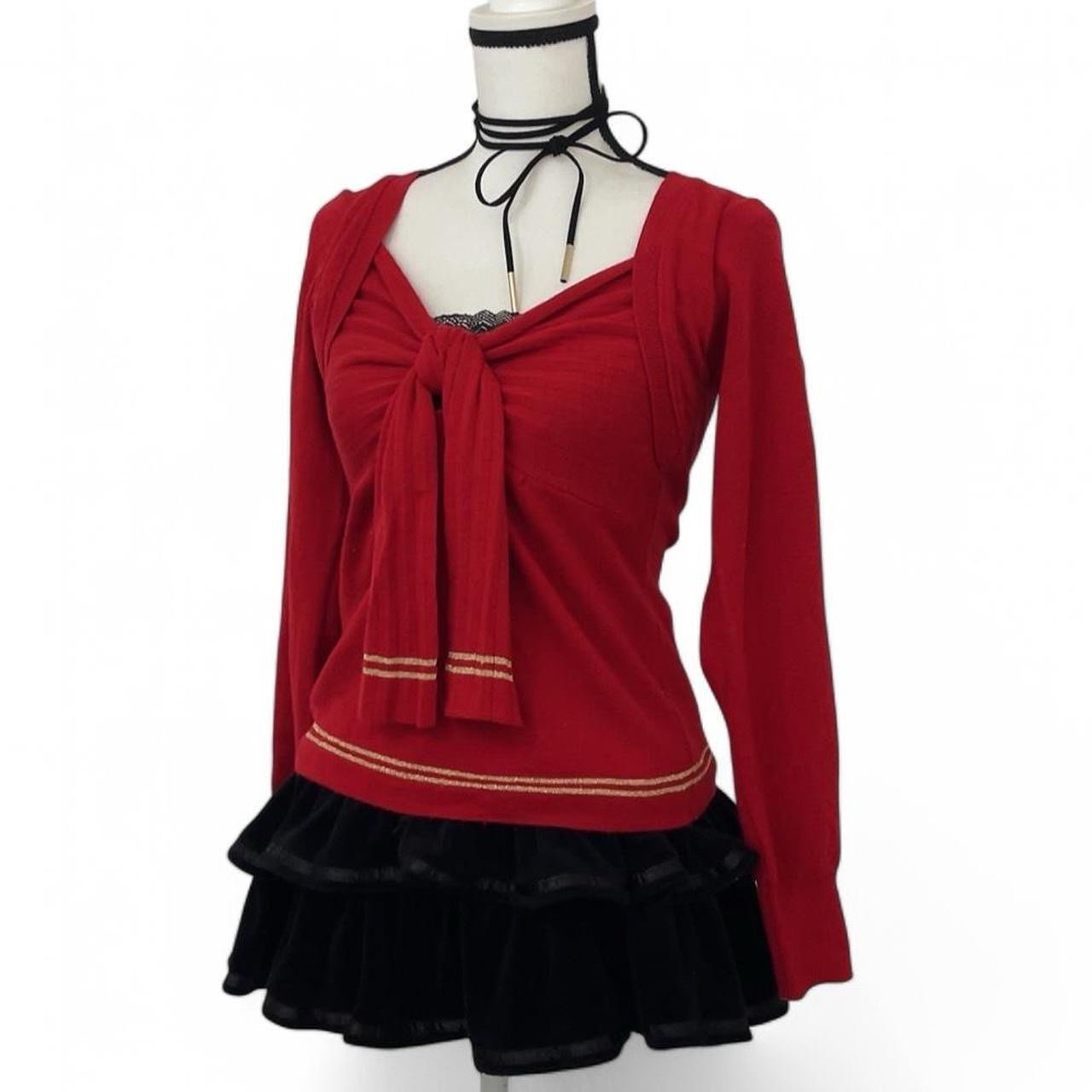 Y2K gathered bow tie red long sleeve top with gold trim