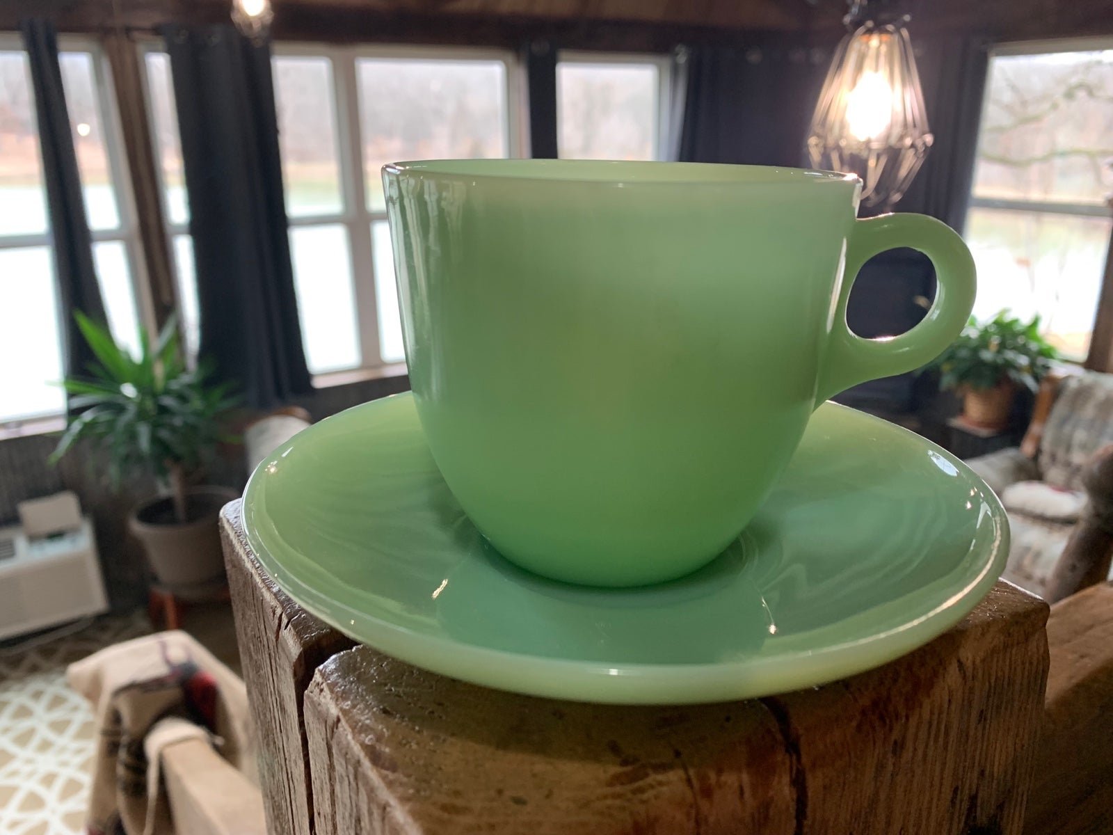 RARE HTF Fire King jadeite St. Denis cup and saucer C handle