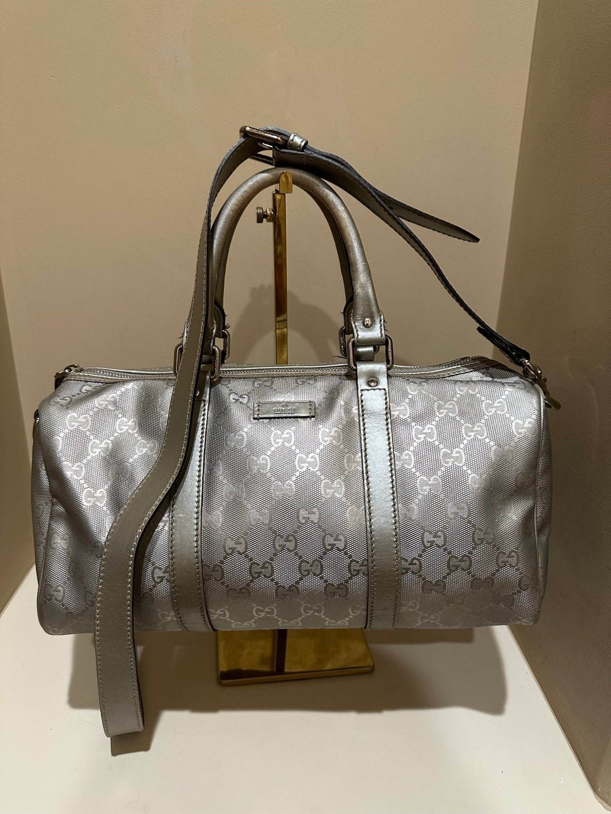 Gucci GG Medium Silver Coated Canvas Medium Joy Boston Bag