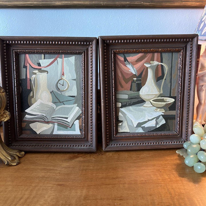 Vintage Kitschy Paint By Numbers Still Life Library Scene Paintings Wood Frames