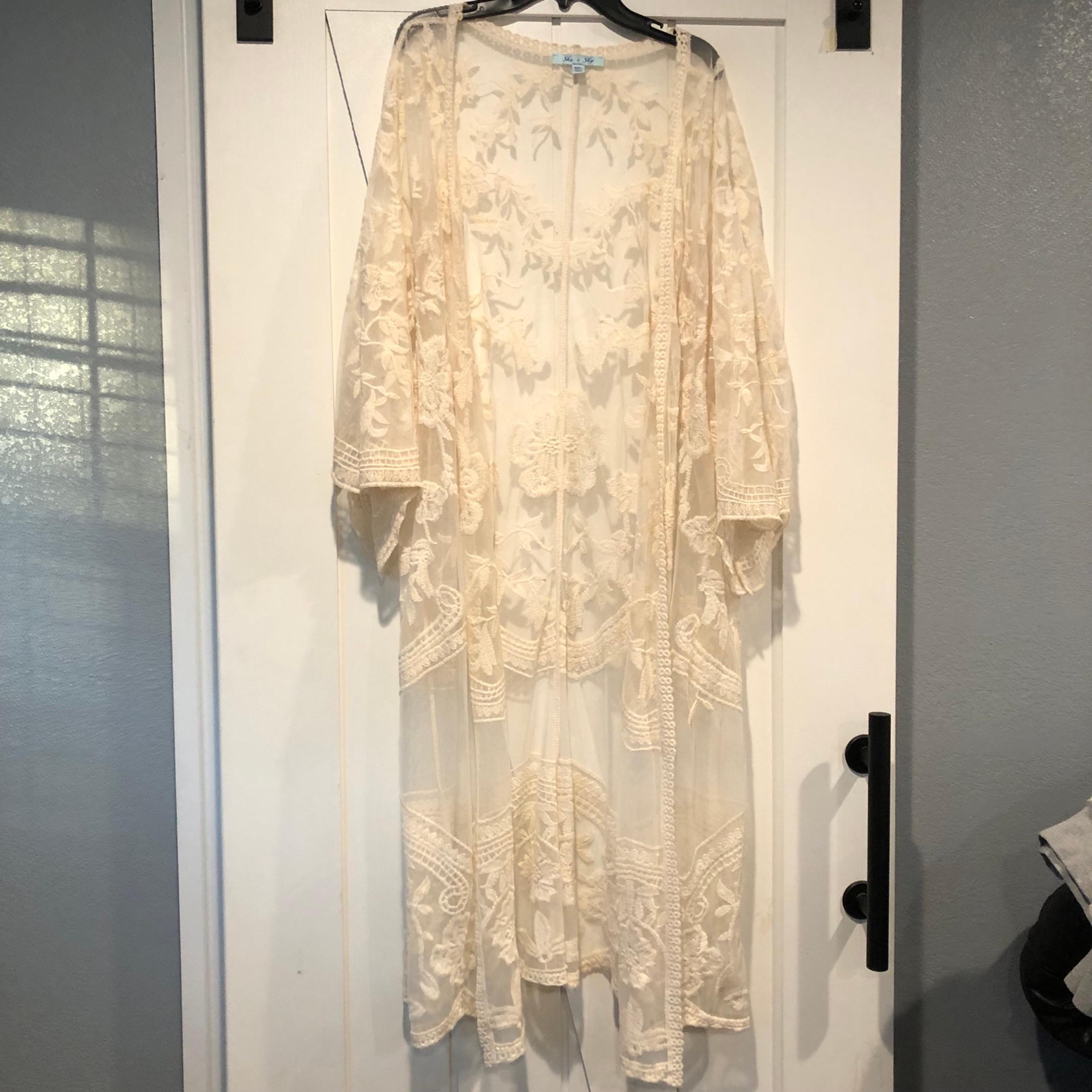 She & Sky cream lace midi long kimono cardigan womens m/l
