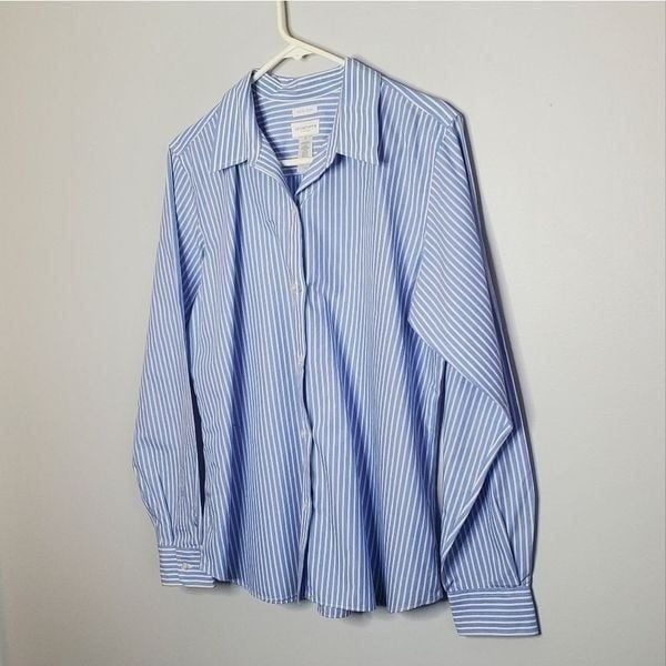 Liz Claiborne Liz Sport L Button Down Blouse Crisp Cotton Blue White Striped