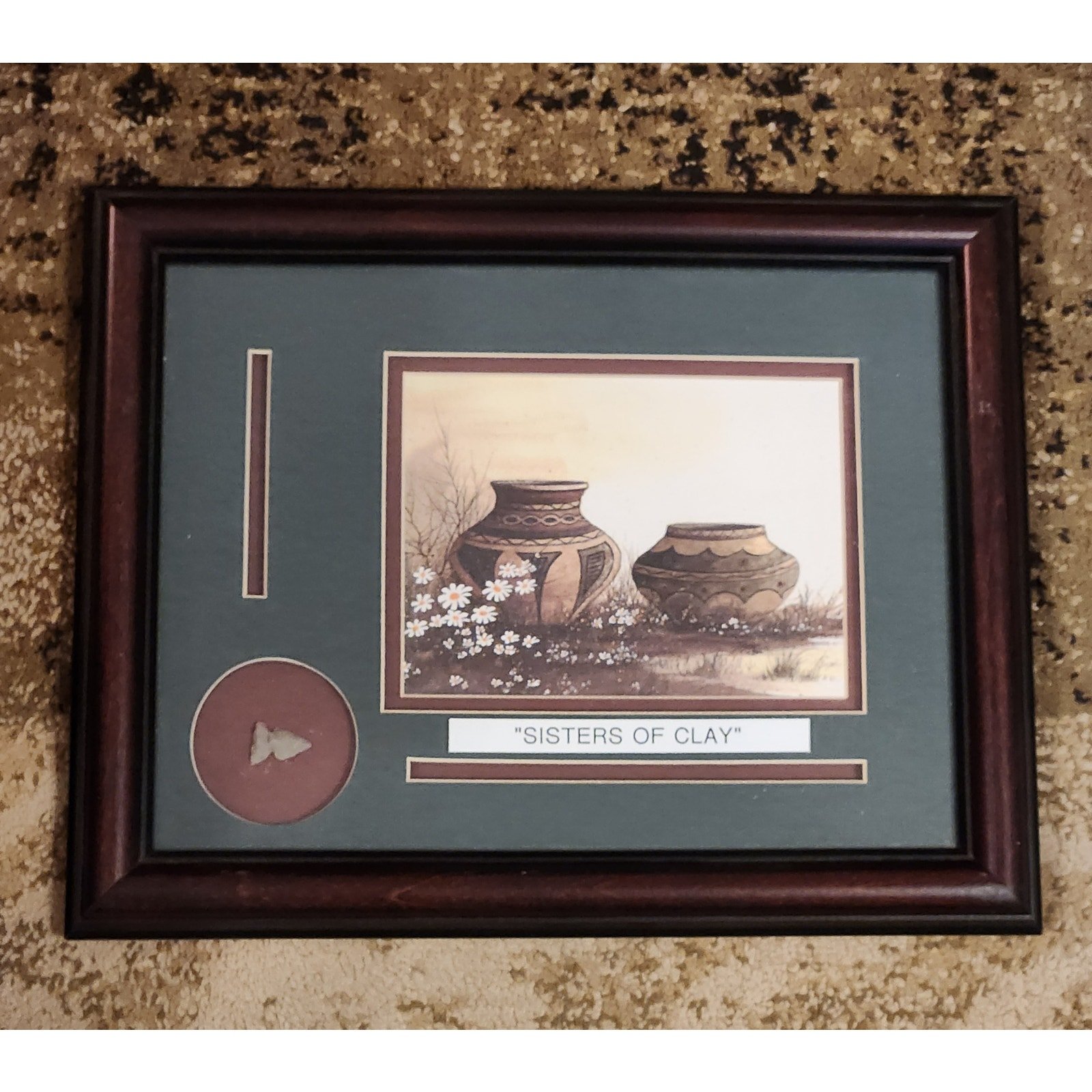 Native American Painting and Real Arrow Head Matted and Framed SISTERS OF CLAY