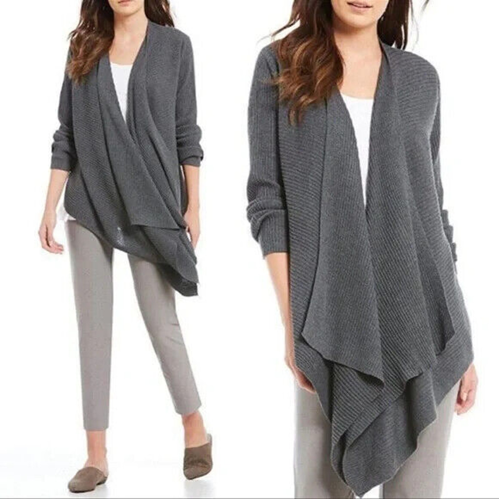 Eileen Fisher Size XL Wool Angled Front Waterfall Open Cardigan Sweater Gray