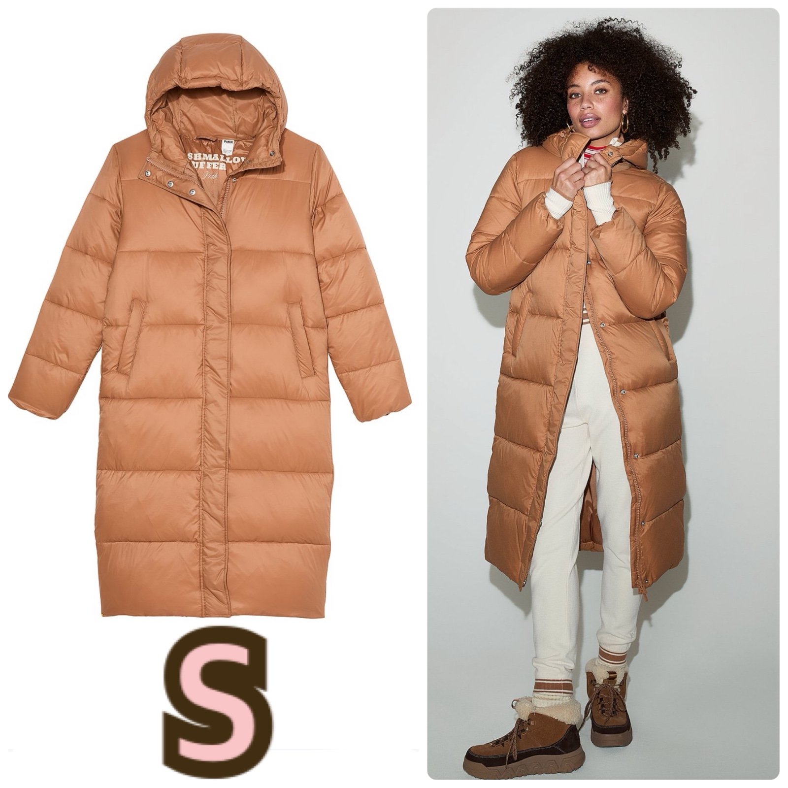 VS PINK Long Marshmallow Puffer Coat Jacket S Toffee