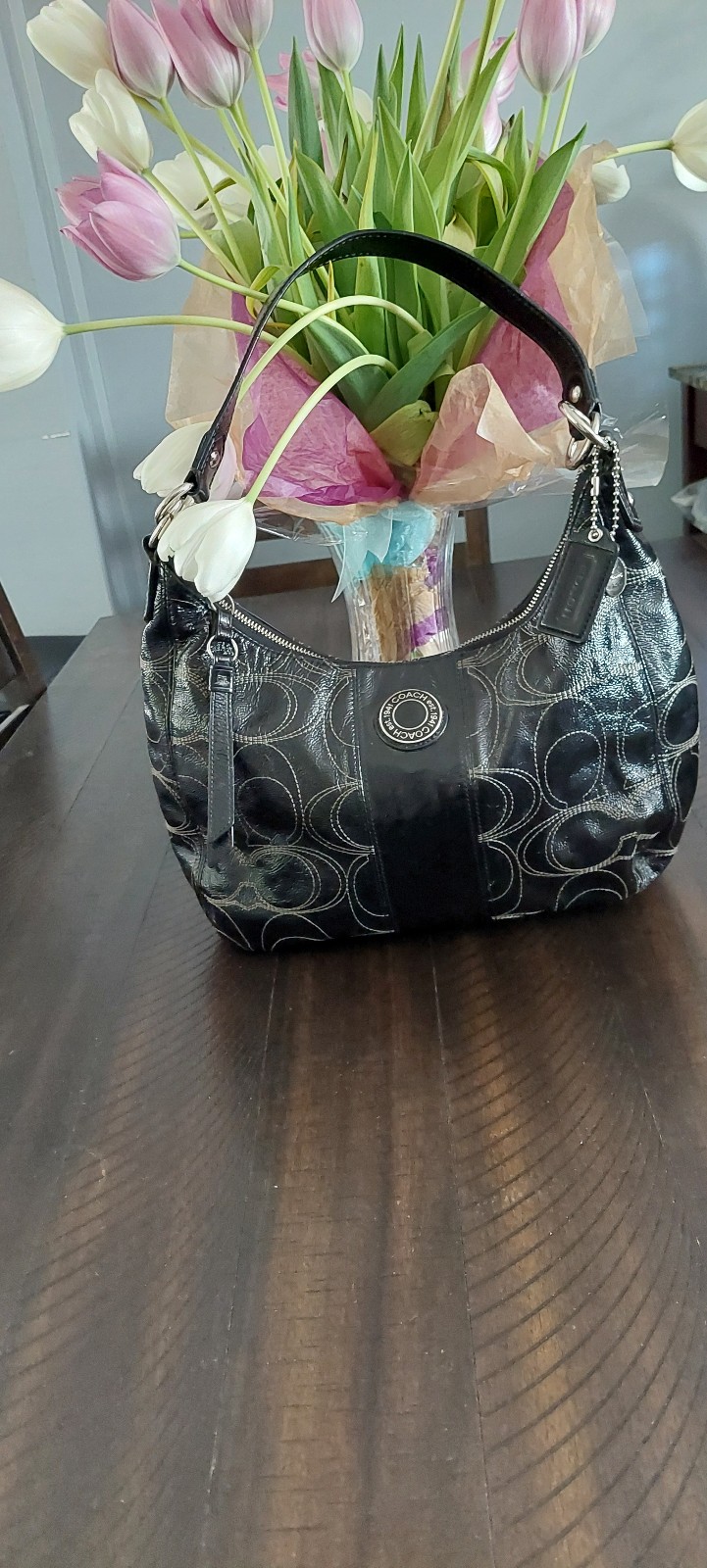 Coach Stitch Monogram Hobo Leather Black Bag.