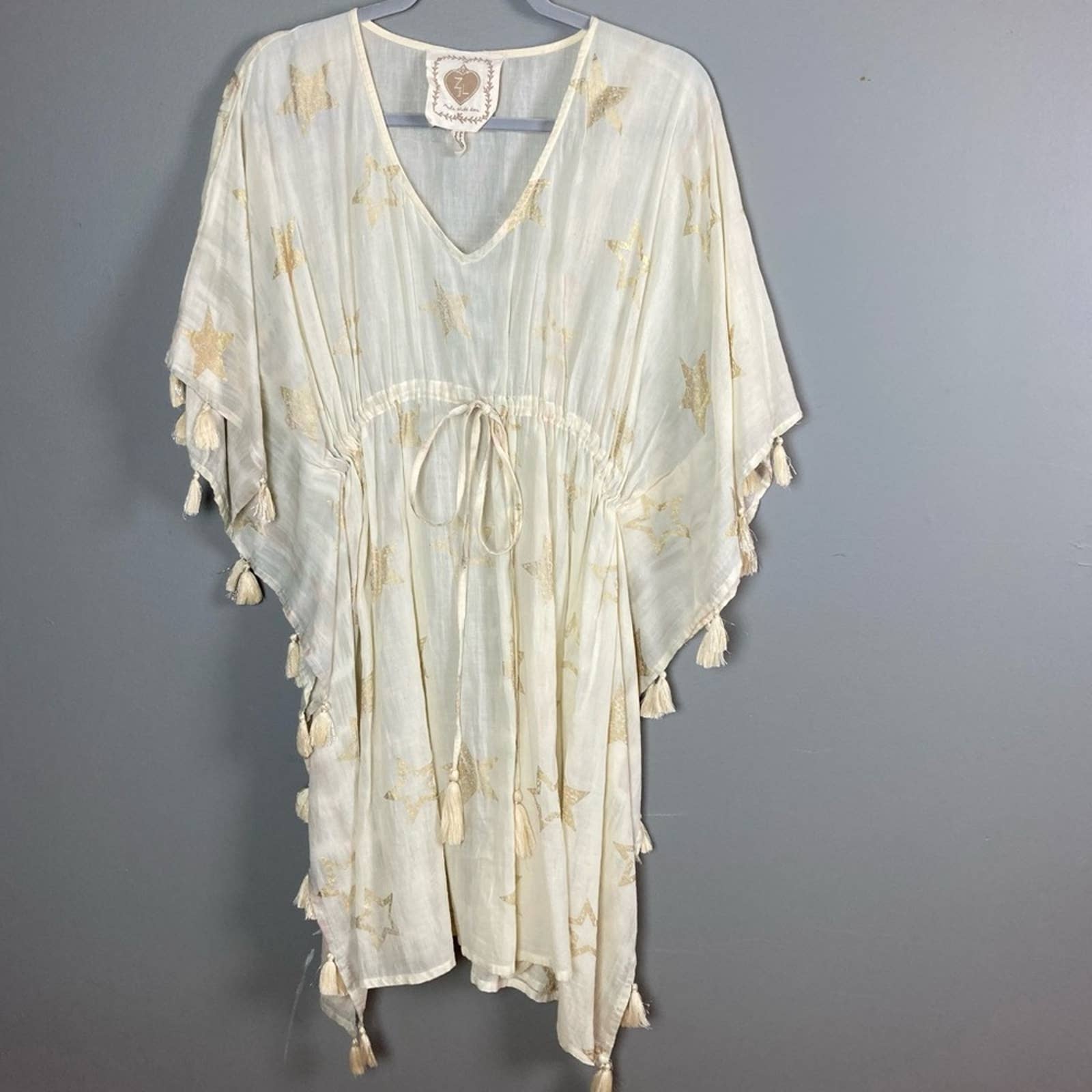 Z&L swim kaftan coverup stars tassels boho cream gold large