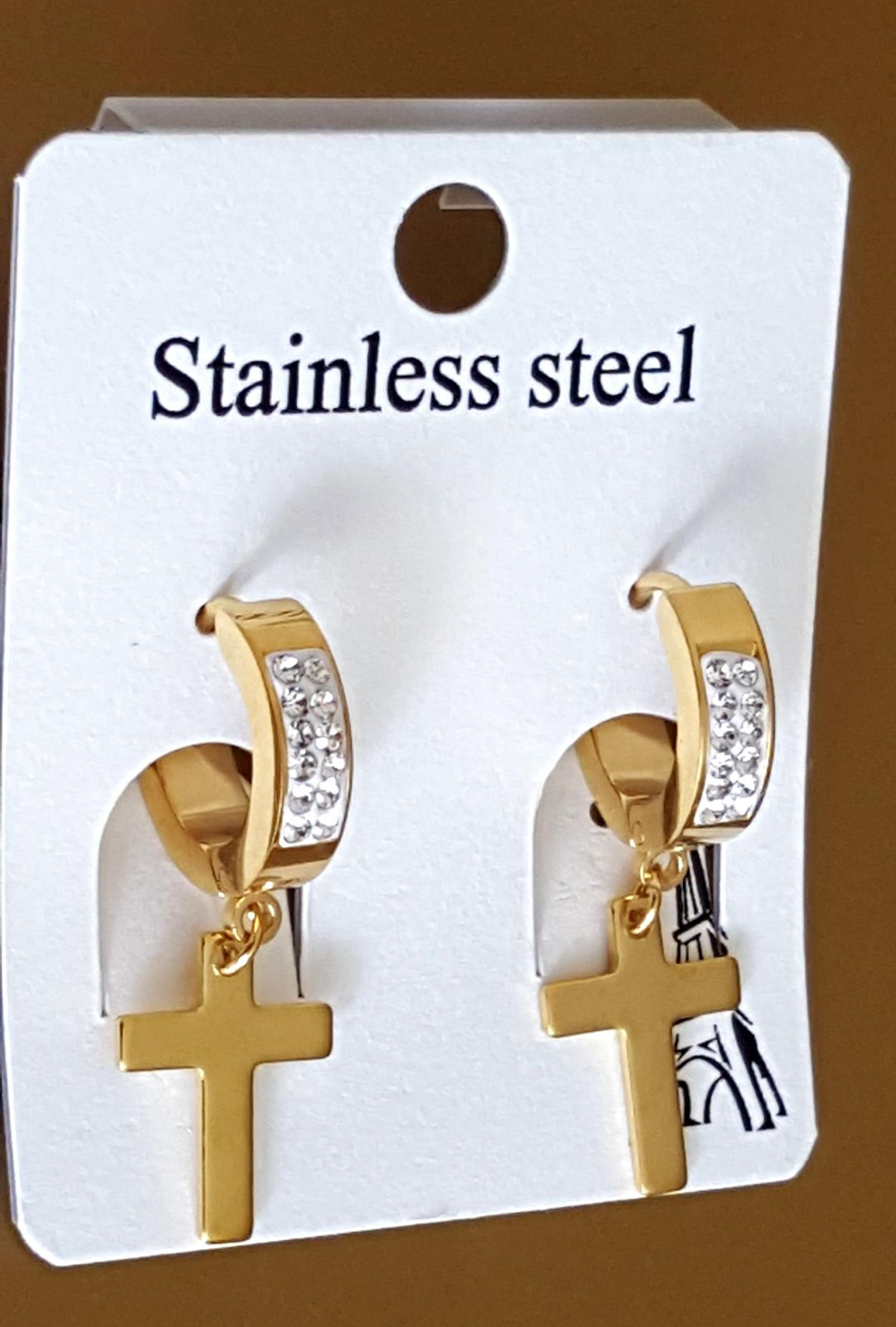 CZ Bling Cross Huggie Hoop Dangle Earrings Gold Stainless steel