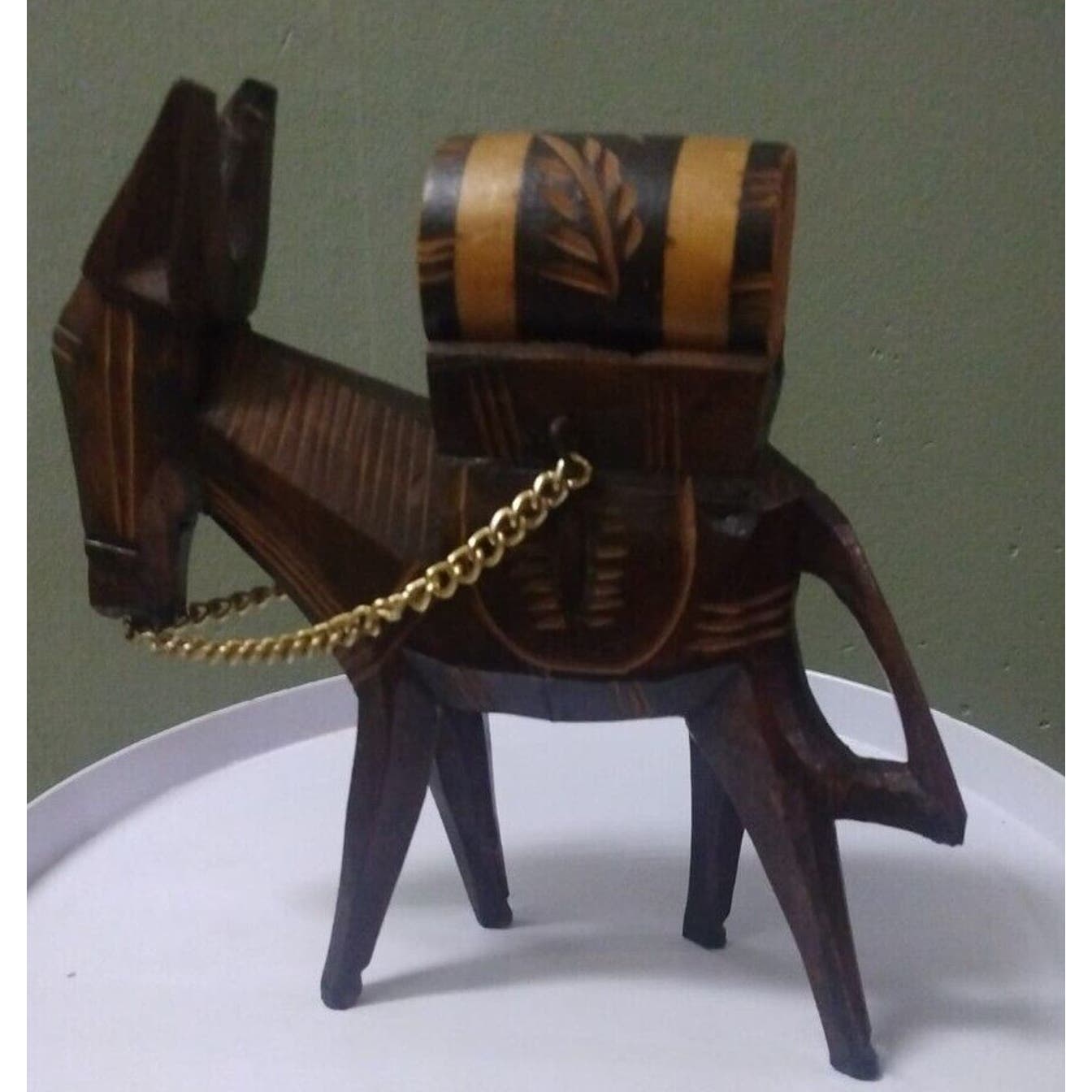 Vintage Hand Carved Wooden Donkey With Barrel On Back Saddle And Chain 7.25 X 7'