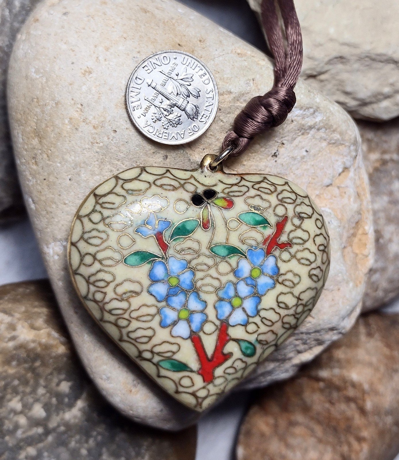 Vintage Cloisonne Puffy Heart LARGE Pendant Necklace