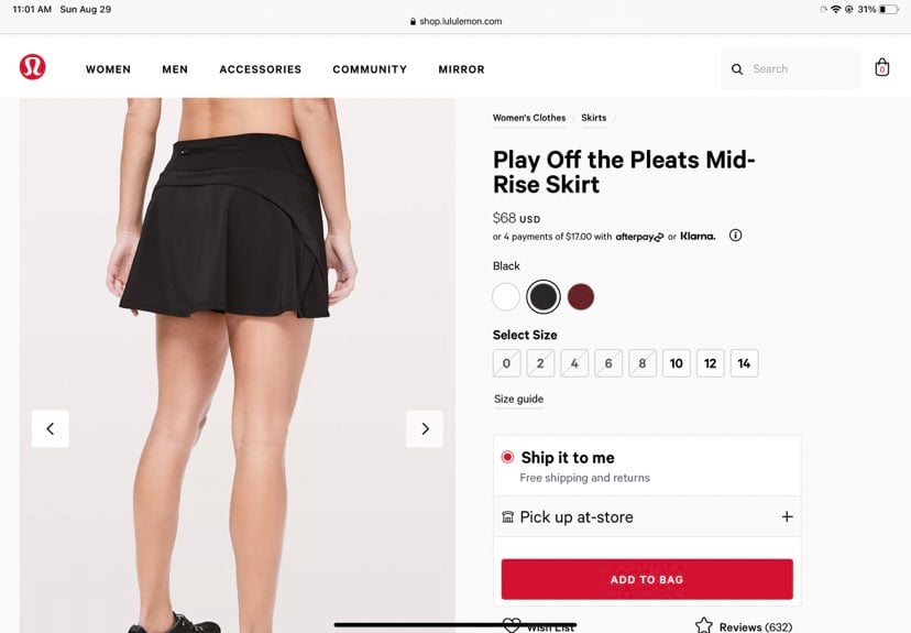 Lululemon skirt 10