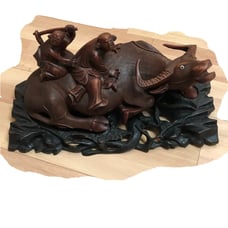 Antique Chinese HUGE carved mahogany bull with chinamen + base figurine 111721@