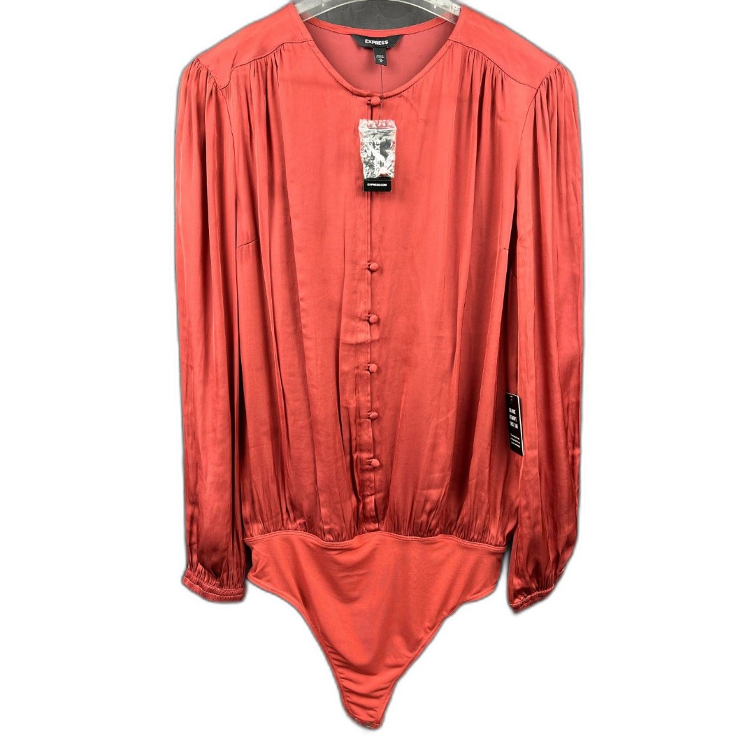 Express Satin Bodysuit Button Up Round Neck LS Red Chic Old Money Tomato SZM:NWT