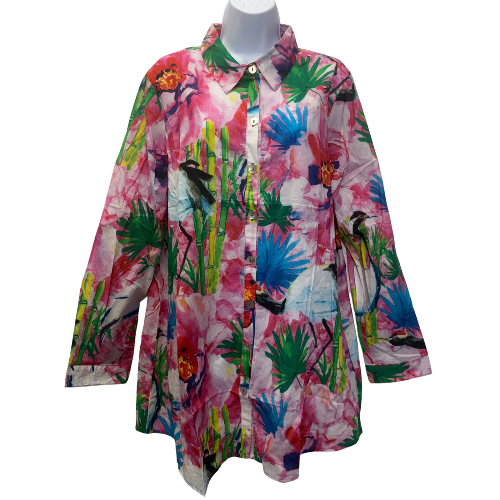 Soft Surroundings Top Womans 1X Tunic Button Up Floral Cotton Tab Long Sleeve