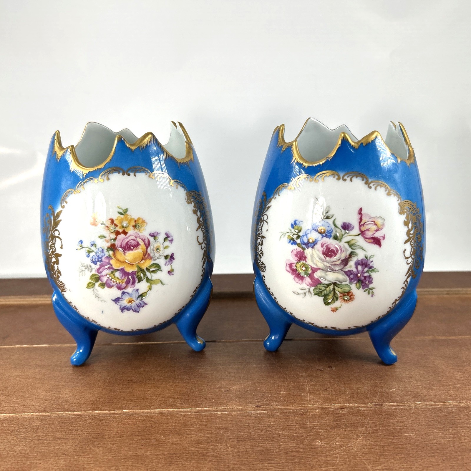 Set of 2, Vintage Ligne Limoise France Porcelain Cracked Egg Vase Blue Floral