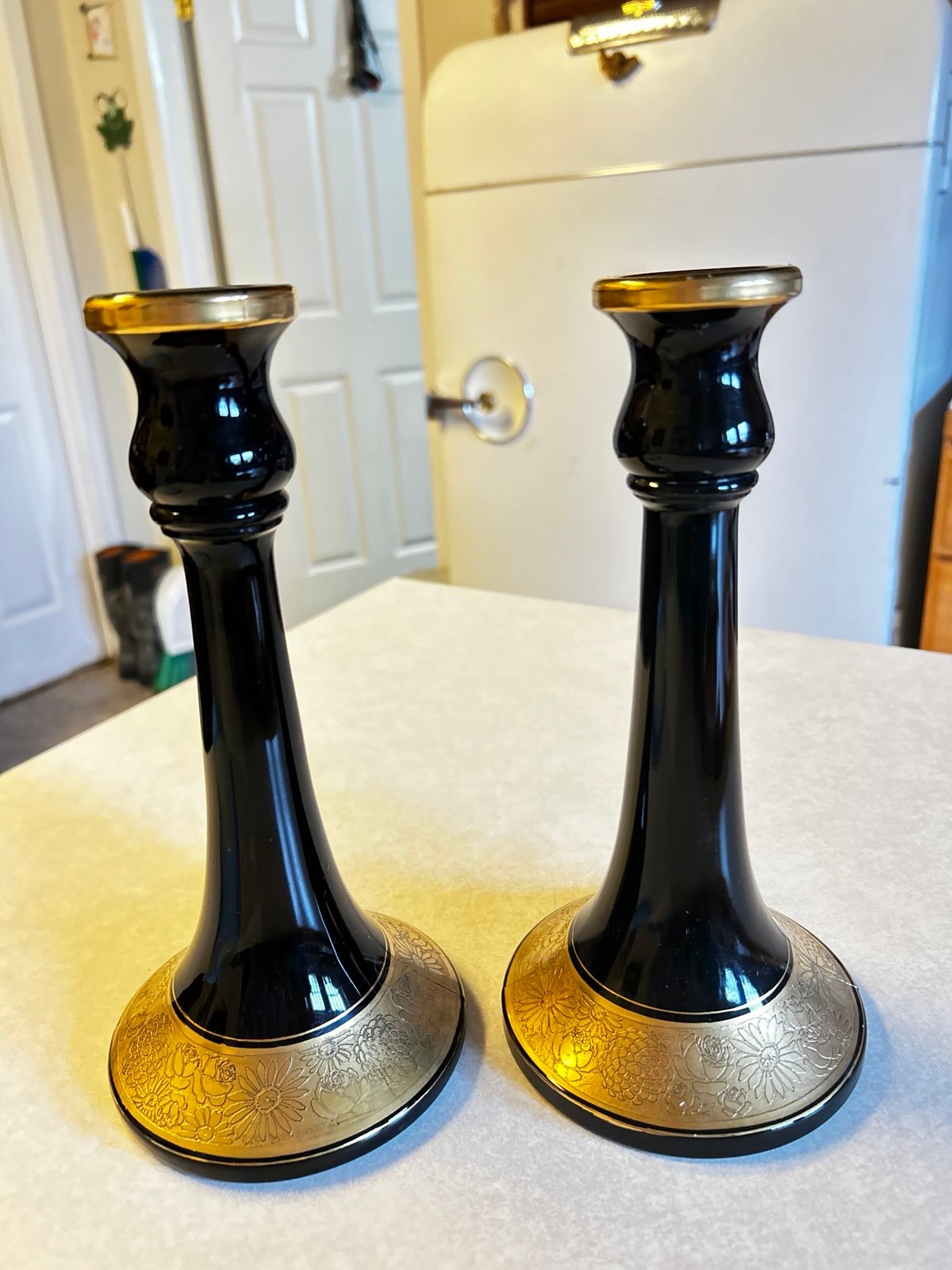 Vintage Mid Century Large 9” Black Amethyst Candlestick Pair Gold Floral Design