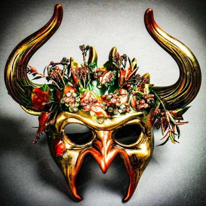 Demon Forest Devil Satan with OX Horns Masquerade Mask - Black Gold #1735