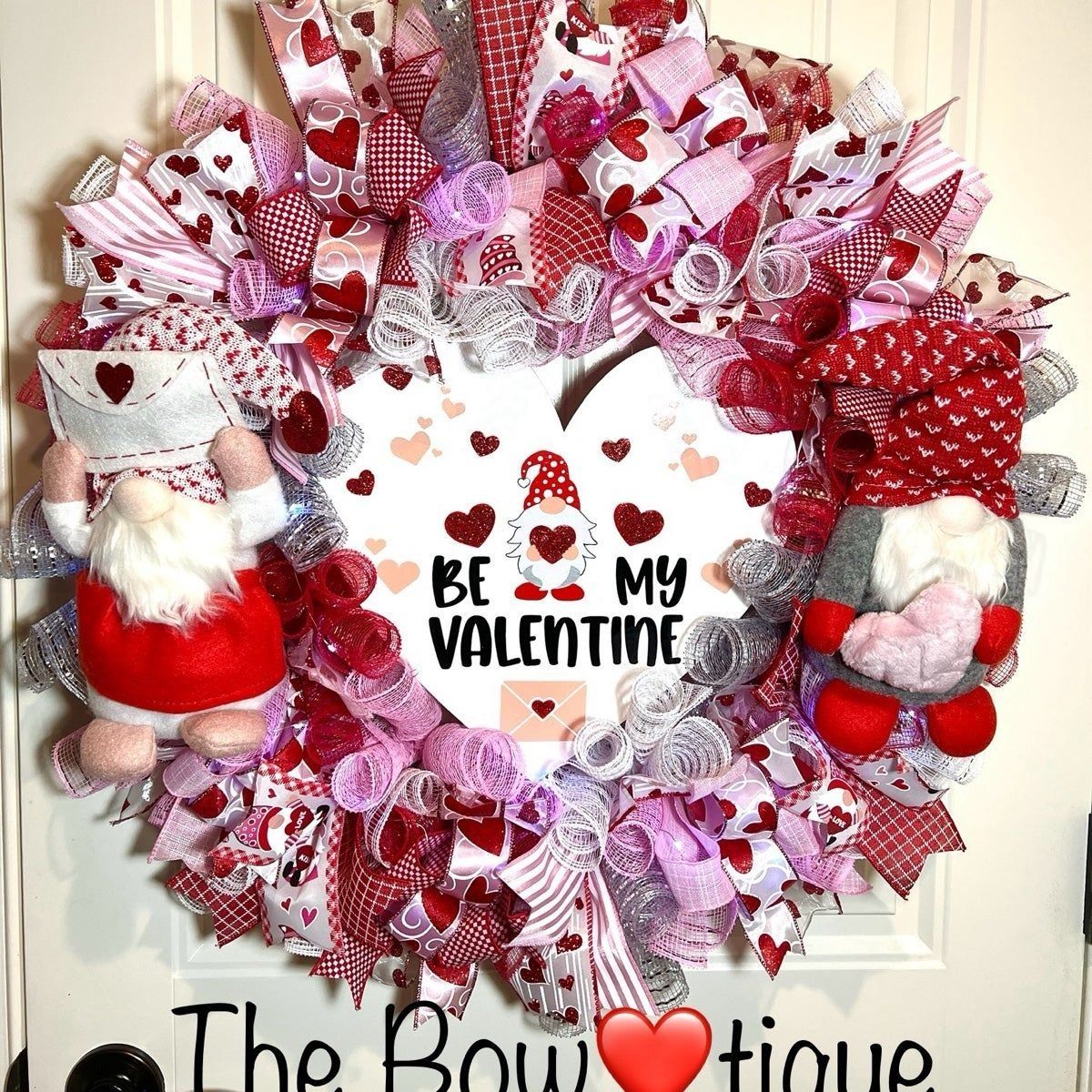 XL Handmade Be My Valentine Gnome Hearts Ribbon Prelit Wreath 26 ins LED XLW6