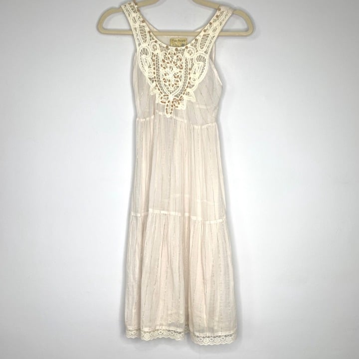FREE PEOPLE Bali Boho Cream Gauzy Beaded Cotton Dress Sz 0