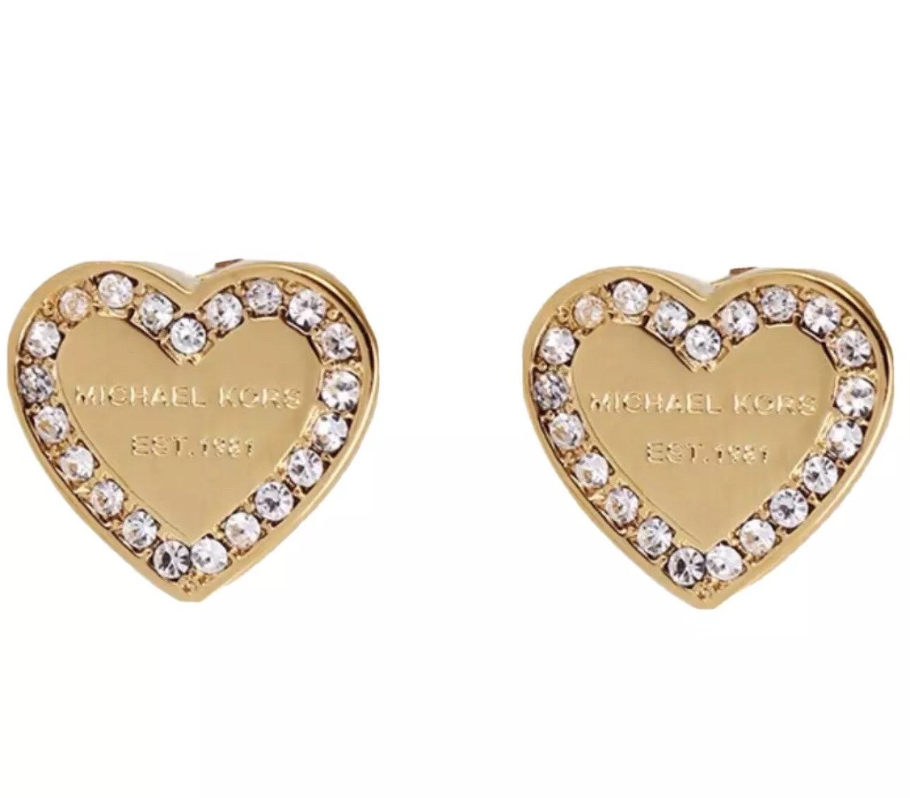 Designer Michael KORS Gold Crystal Heart Logo stud earrings