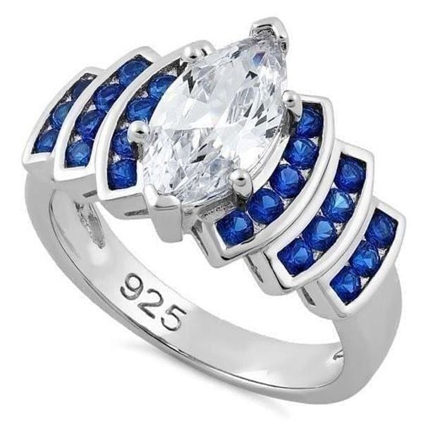 Sterling Silver Elegant Blue Spinel Marquise Clear CZ Ring Size 8 New