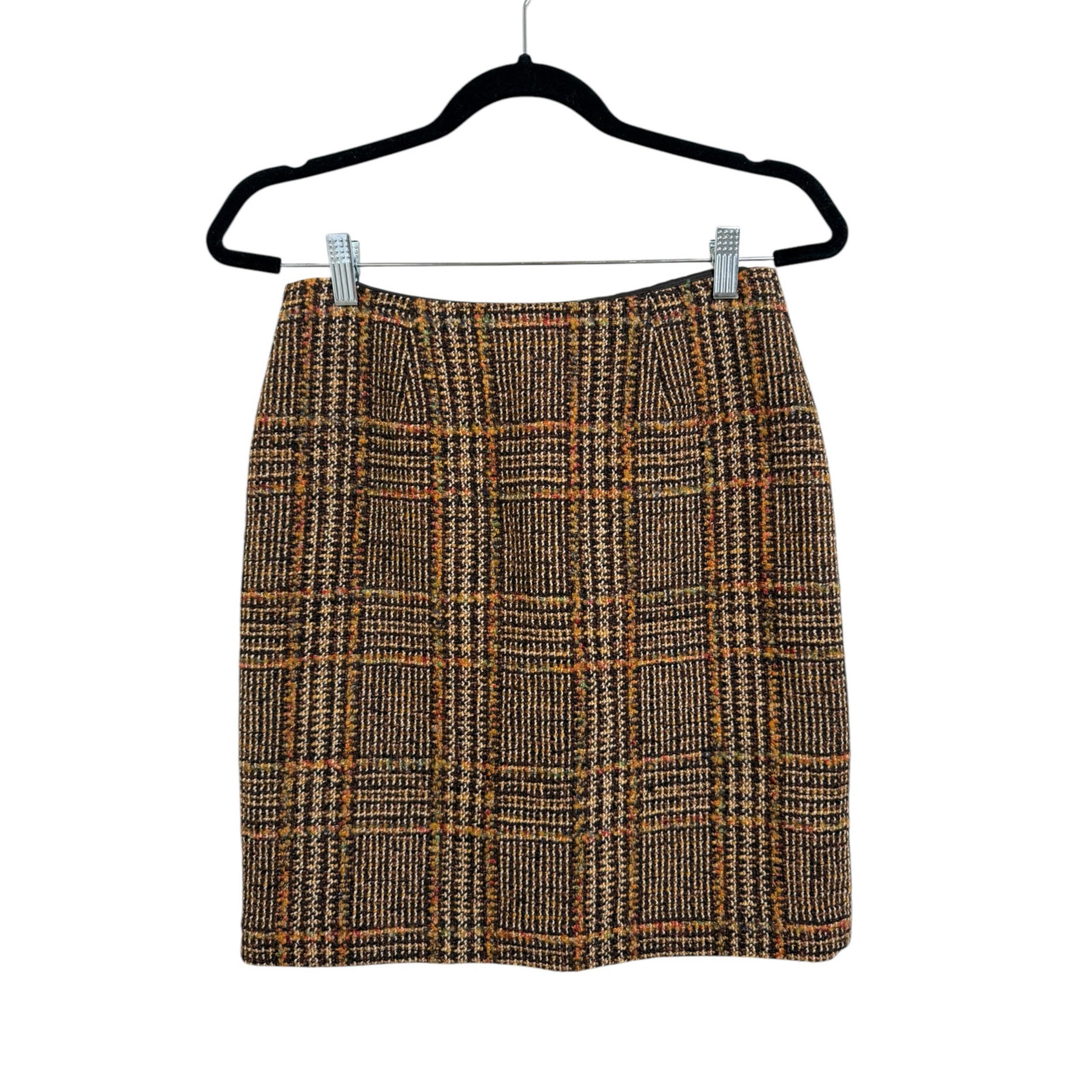 Harold's Women's Brown Tweed Plaid Pencil Preppy Mini Skirt Size 2 Wool Blend