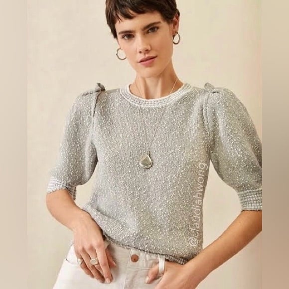 NEW G. Label by Goop Aura Tweed Merino Wool Puff Sleeve Sweater in Fog Grey