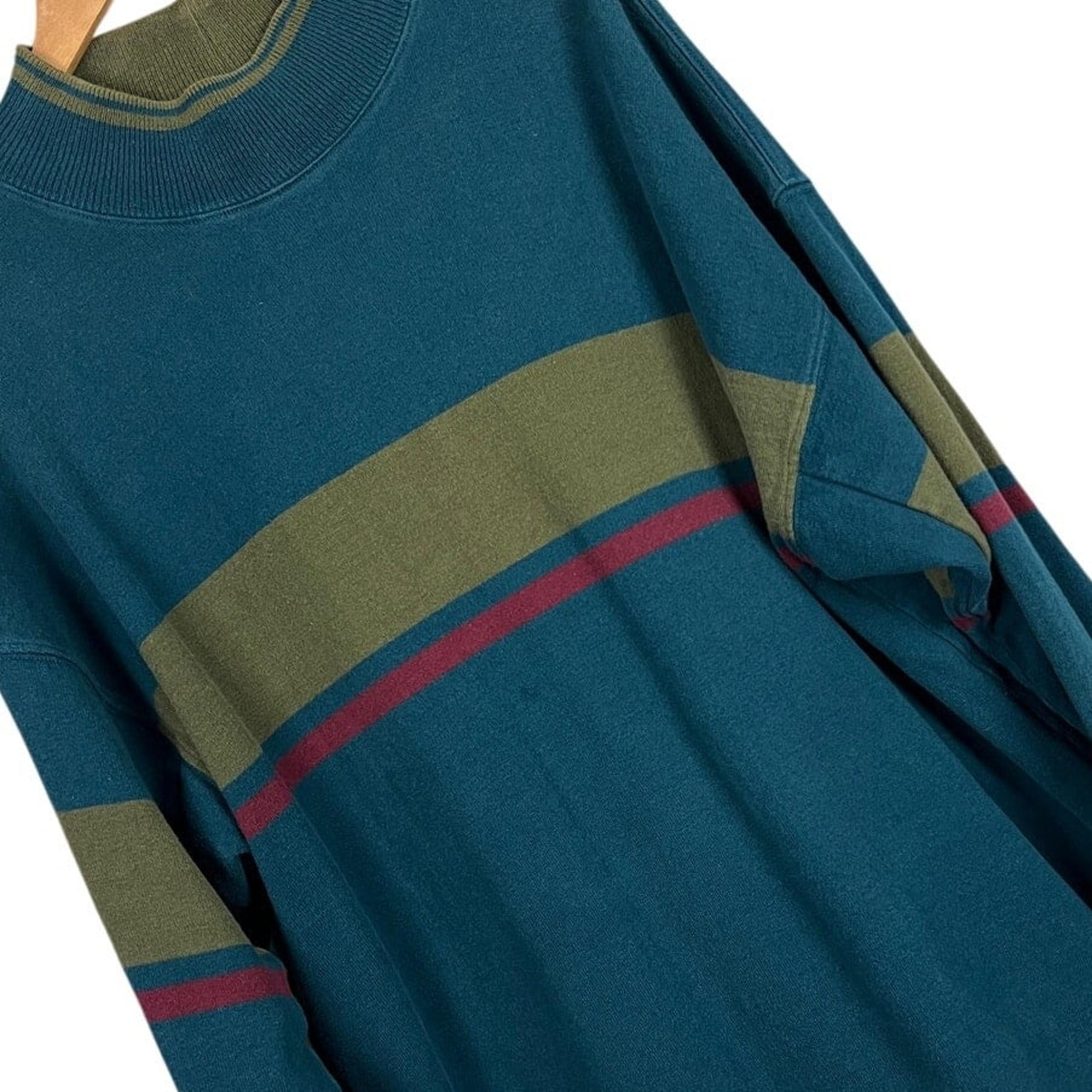 Vintage L.L. BEAN Men's XL Blue Green Striped USA Made Rugby Turtleneck Sweater
