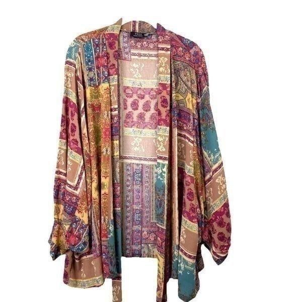VICI boho multi print tie front kimono top duster Sz XS oversized