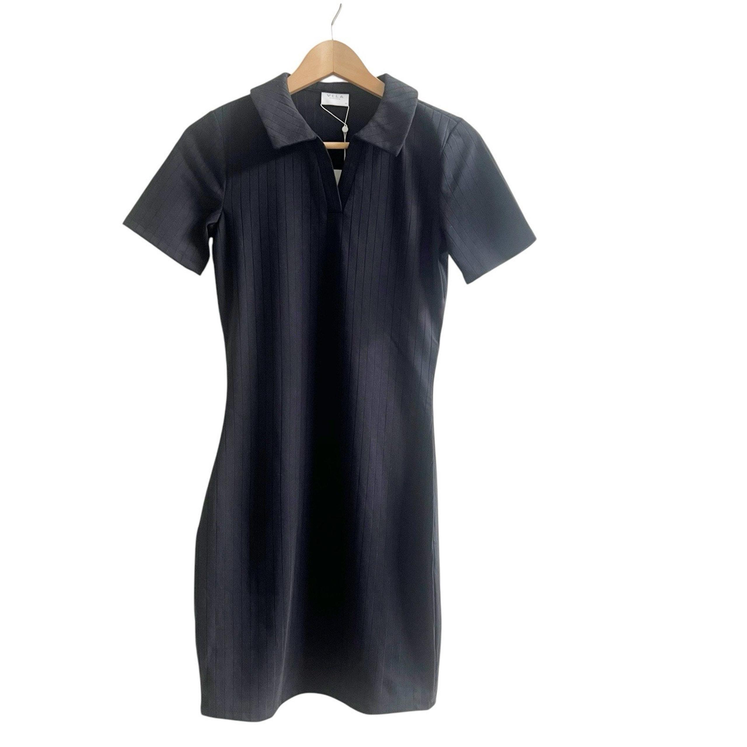 Vipola Black Ribbed Short Sleeve Collard Mini Dress - Sz XS - NWT - VILA
