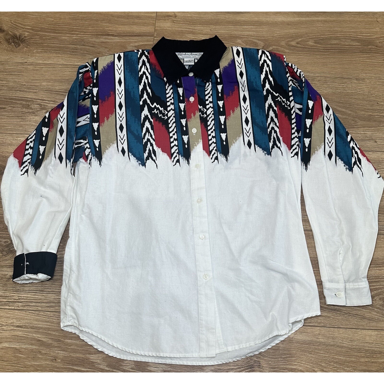 Vintage 90s Adobe Rose Western Aztec Flip Cuff Button Down Shirt Womens Medium