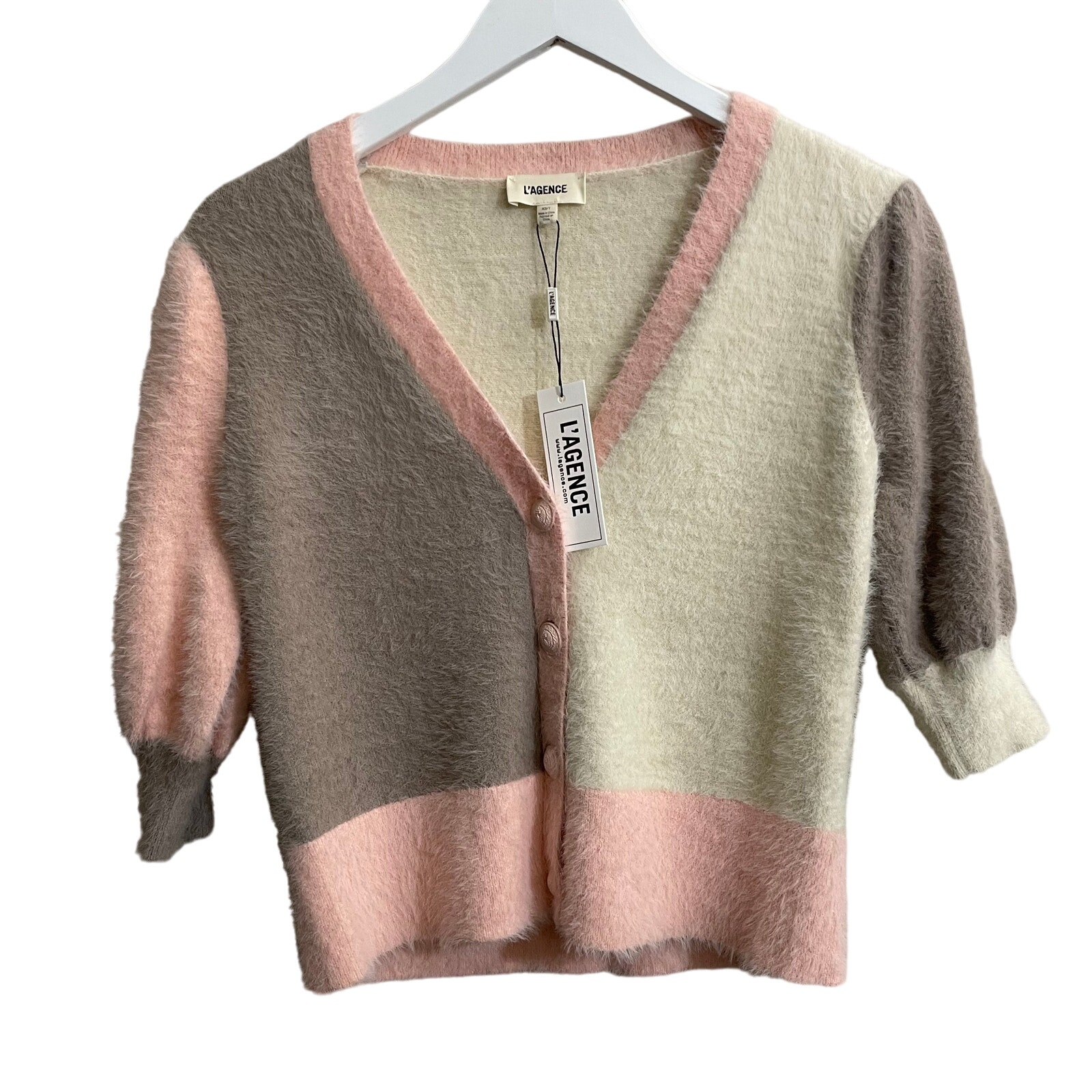 L'Agence Color Block Cardigan with Puff Elbow Sleeves, Size XS