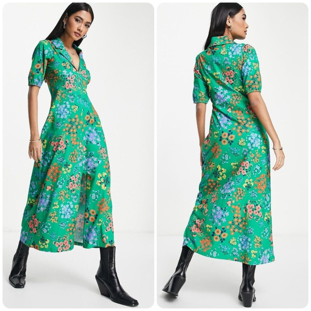 ASOS Design Ultimate Midi Tea Dress With Collar in Green Floral Print