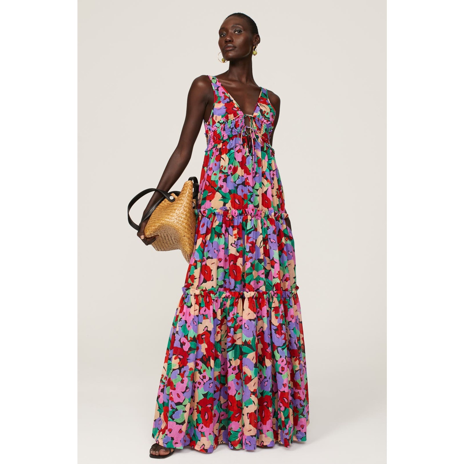 Nicholas Myla Floral Maxi Dress Silk Cotton Tiered Sleeveless Sz 0