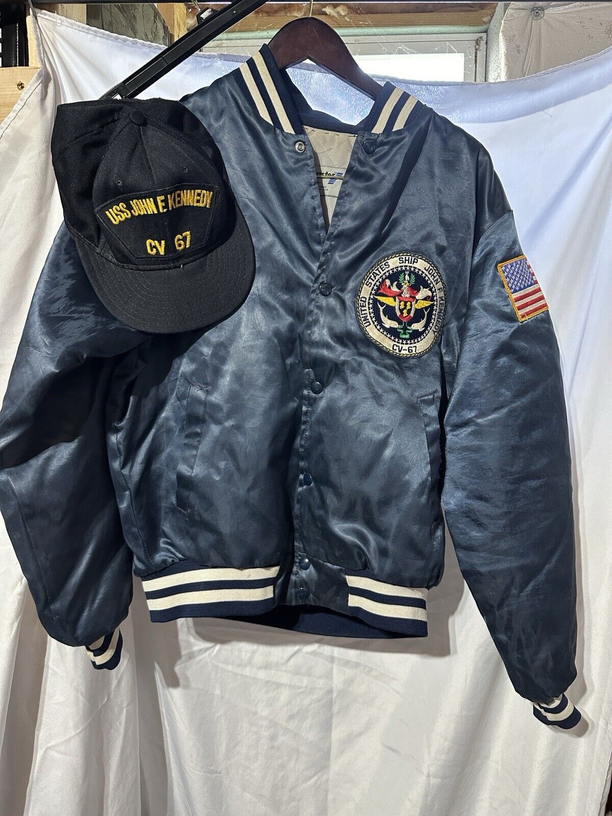 Vintage USS John F Kennedy Bomber Jacket Size M and Snapback Hat