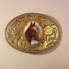 Vintage Western Belt Buckle with Porcelain Cameo Horse