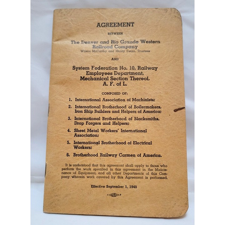 1940 Vintage Railway Employee Agreement Denver & Rio Grande