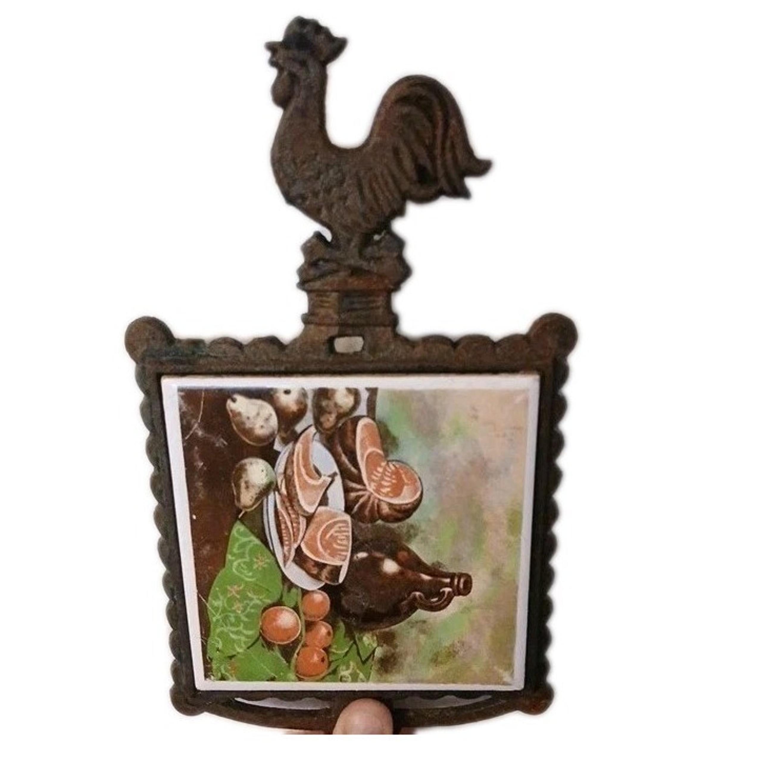 VTG Cast Iron Metal Trivet Fruit Sideway Tile Rooster Topper Footed Japan #95B5