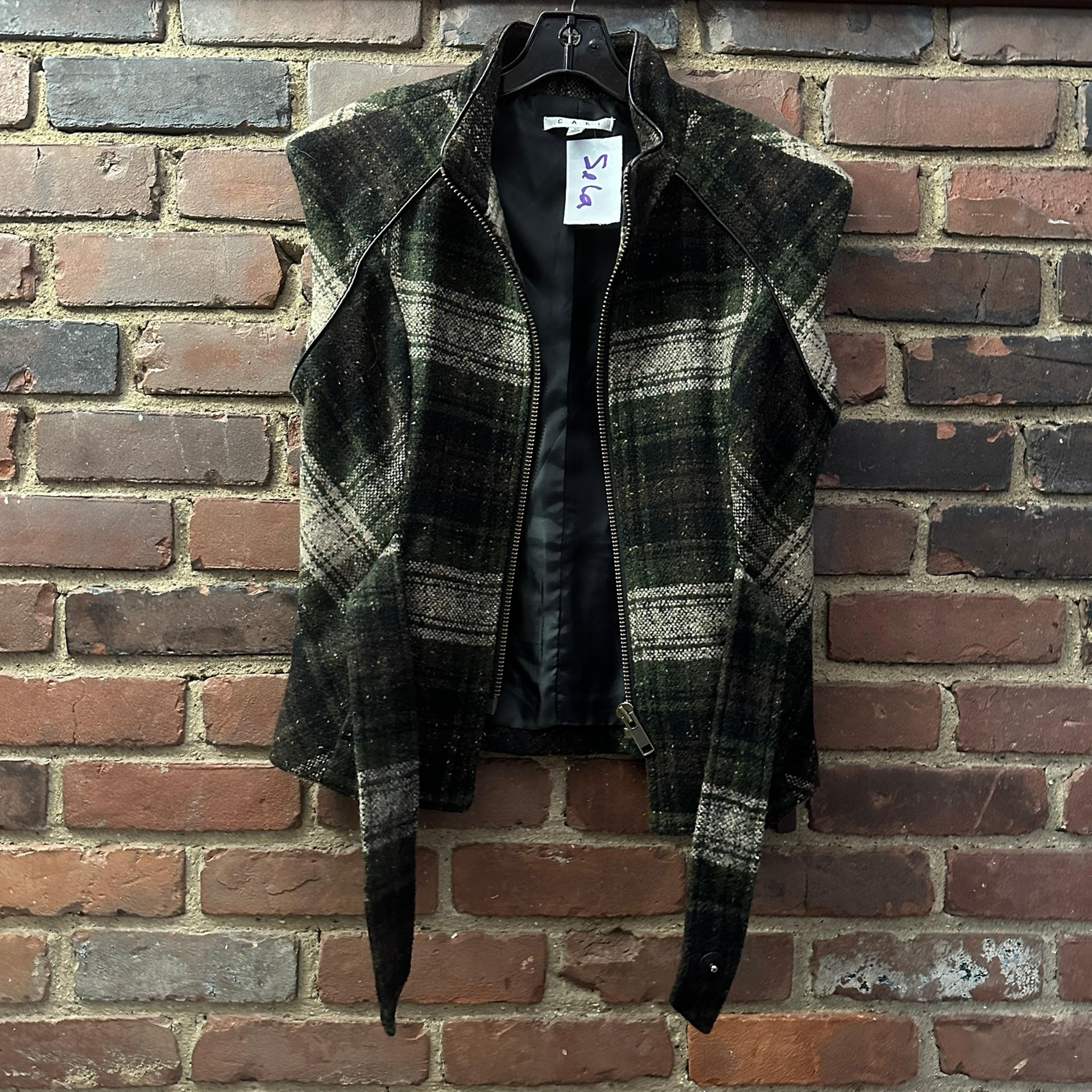 CAbi brown and green plaid zip up vest with tie front